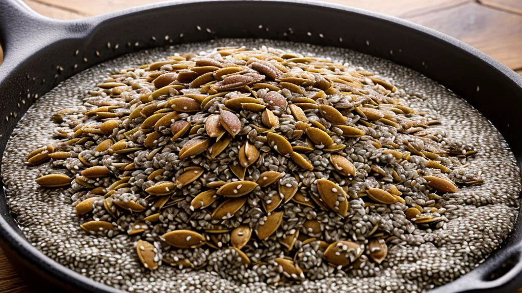 Flaxseeds and chia seeds toasting in a pan, an easy fiber-benefits swap for a low-glycemic eating routine