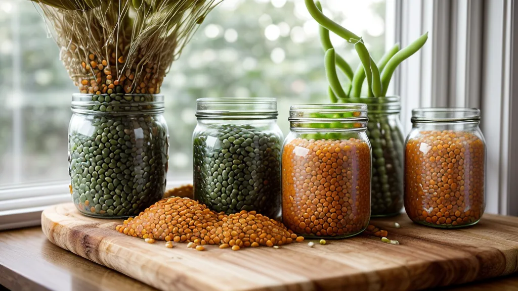 Close up of glass jars filled with lentils and barley on a kitchen counter.