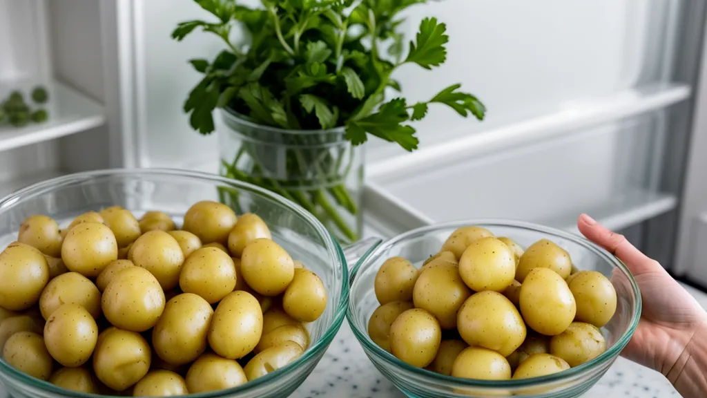 A hand reaching for a bowl of cold potatoes in a refrigerator.