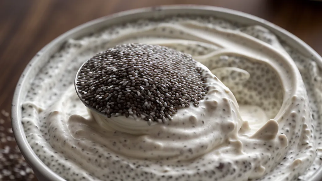 Close-up of chia seeds being added to Greek yogurt for extra fiber.