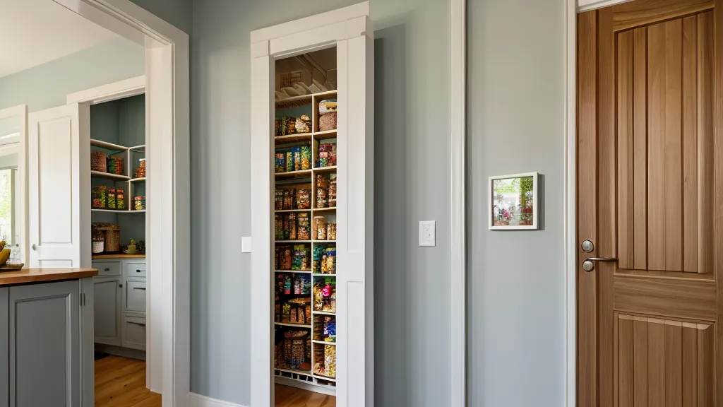 A Glycemic Index reference chart taped to the inside of a kitchen pantry.