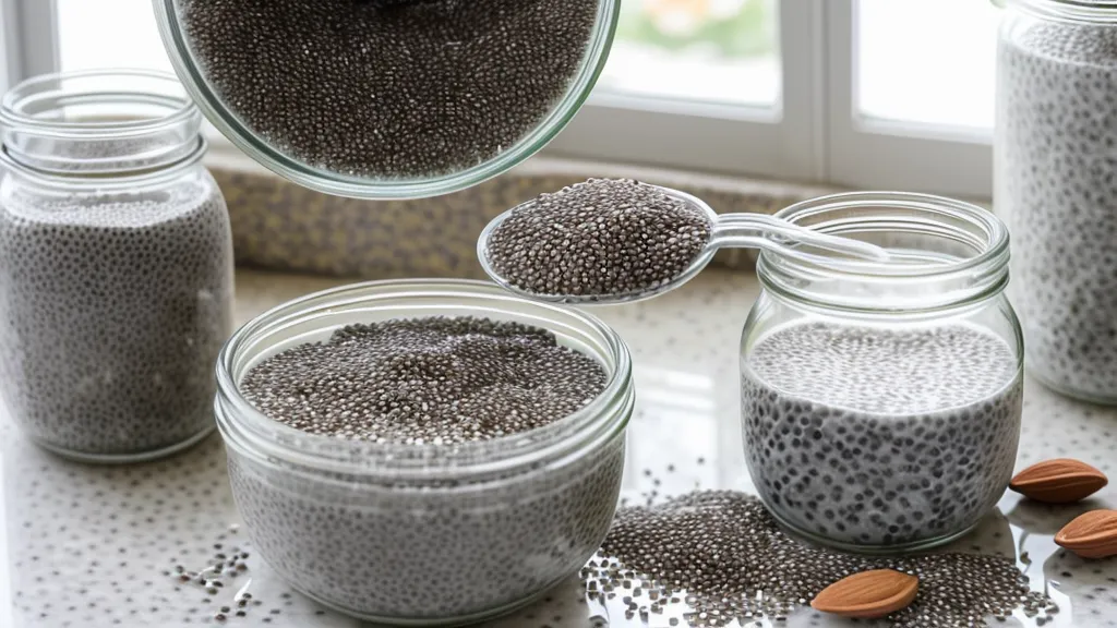Preparing savory chia seed pudding with almond milk and nuts.