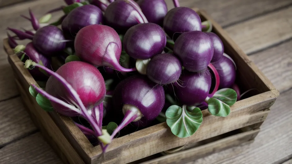 Close-up of fresh purple heirloom radishes at a local market.