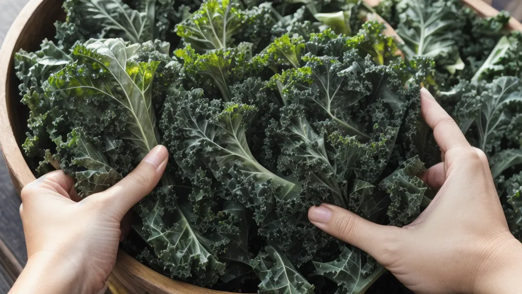 A hand selecting fresh lacinato kale from a market display.