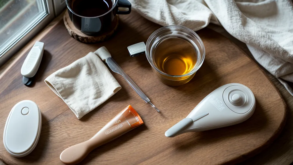 Close-up of a glucose meter and sleep mask on a kitchen counter