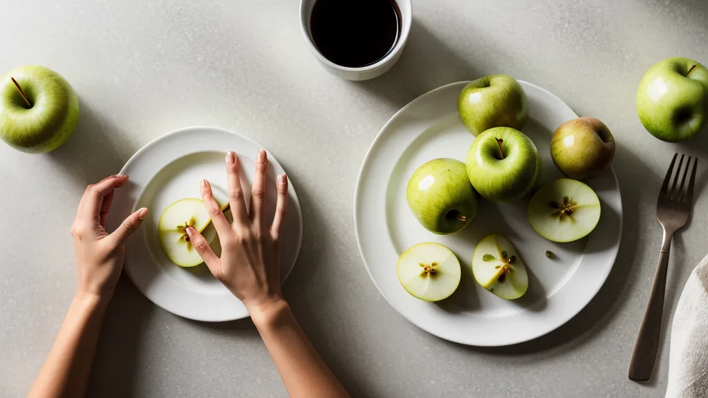 Close-up of sliced green apples and walnuts being prepared as a low-GI snack.