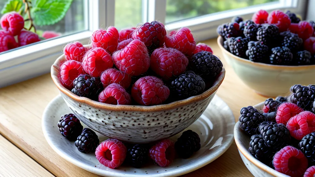 Fresh, vibrant raspberries and blackberries in a bowl, highlighting their high-fiber texture.