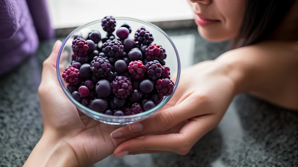 Close-up of a Maqui berry and a glass of water on a kitchen counter.