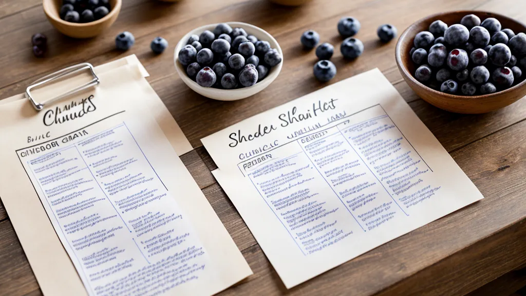 A handwritten glycemic index cheat sheet next to healthy low-GI snacks like almonds and berries.