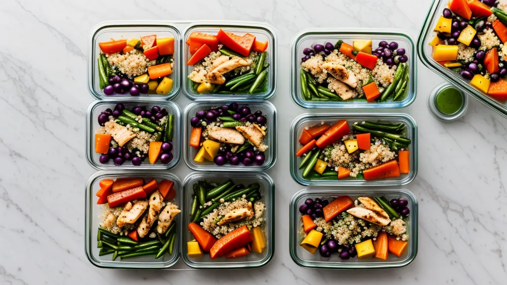 Neatly organized glass meal prep containers with low-glycemic meals for the work week.