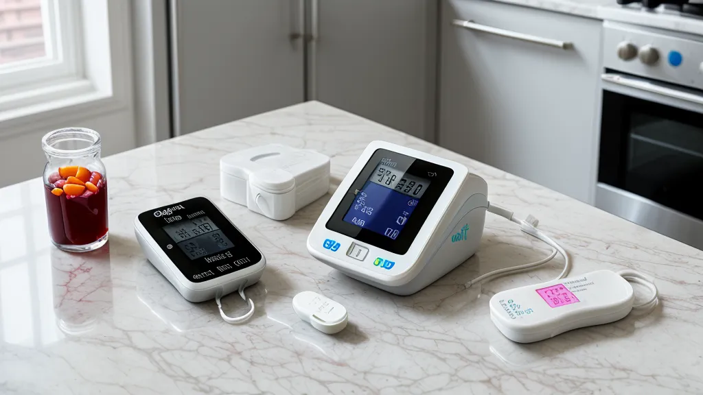 A close-up of a glucose monitor and testing supplies on a counter.