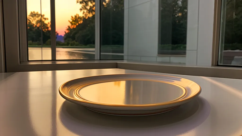 A sunset view from a kitchen window with an empty plate.
