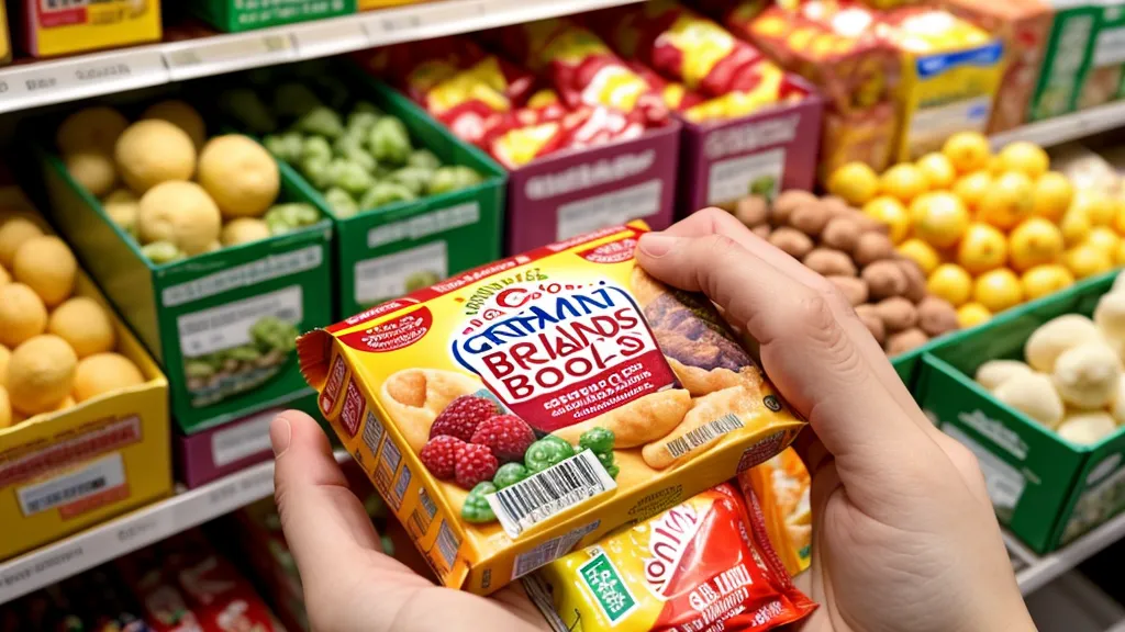 A hand holding a food package to read the nutrition label in a store.