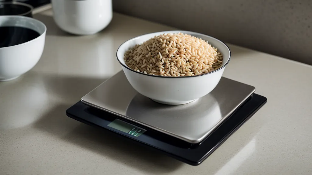 Digital kitchen scale measuring a low-glycemic portion of brown rice for glucose control