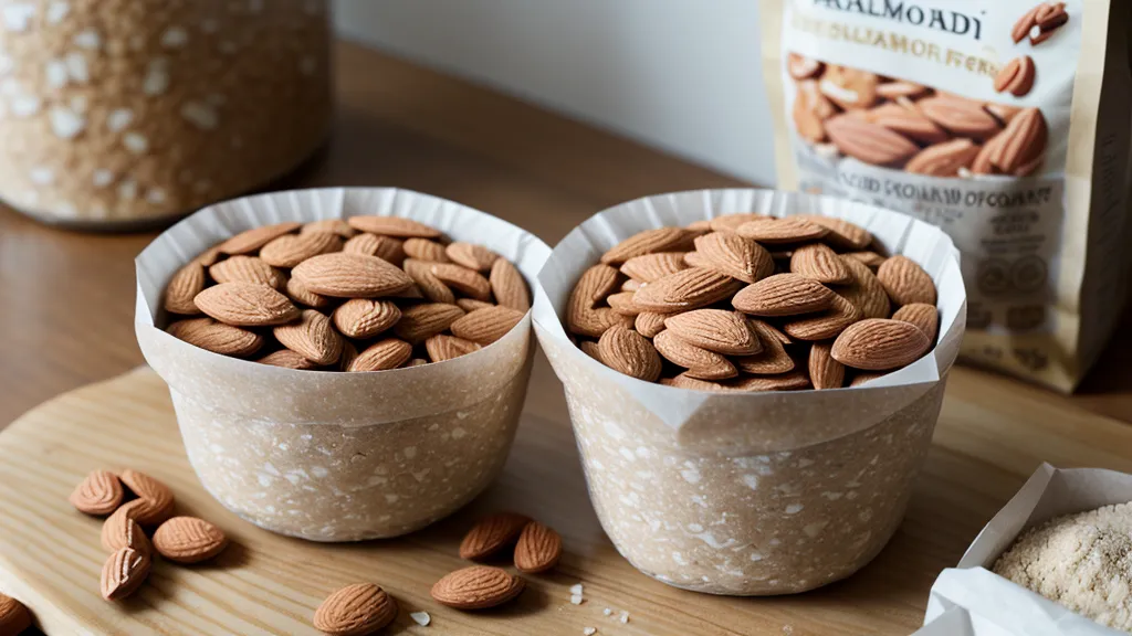 A 3lb bag of almond flour and walnuts on a kitchen counter.