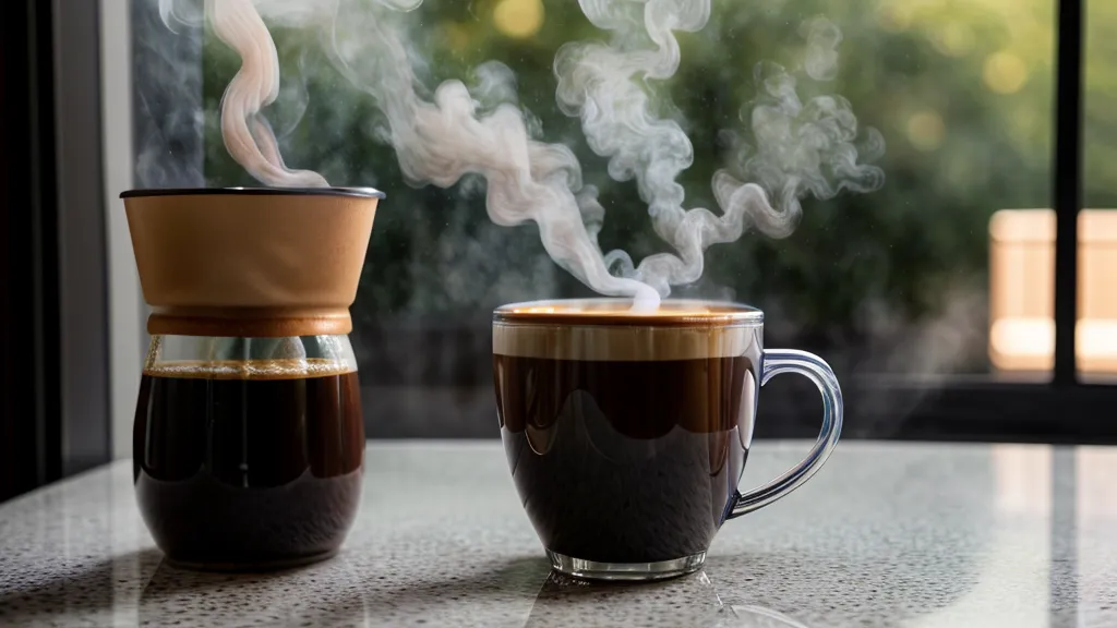 A drop of herbal supplement falling into a cup of morning coffee.